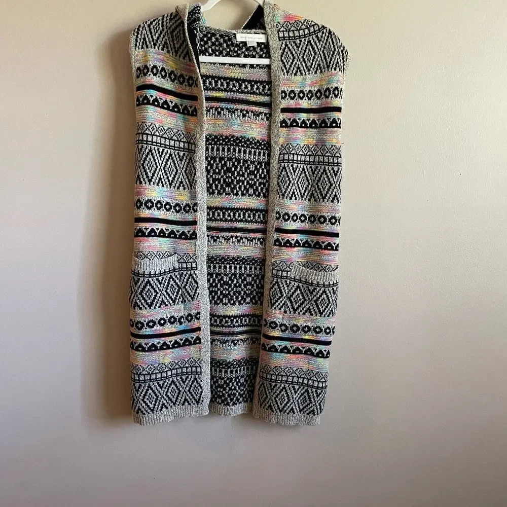 Monteau Multicolor Hooded Sleeveless Open Cardigan Knit Sz S‎